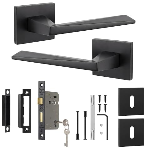 Decoranddecor Matt Black Door Handles Internal Square Rose Lock and Keys | CE marked, 44 mm backset lock, two keys, built to last Internal Door Handles, fits 35-45 mm doors, Leda Range