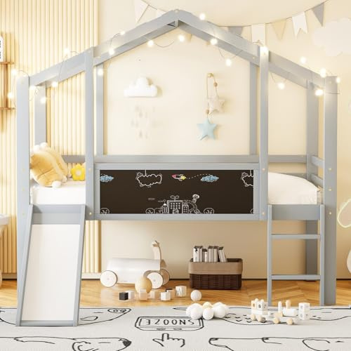 PUGSDRLY Lit Cabane Enfant 90x200cm avec Toboggan,Lit Mezzanine mi Hauteur Enfant avec Tableau Graffiti,Bois Massif,sans Matelas (Gris)