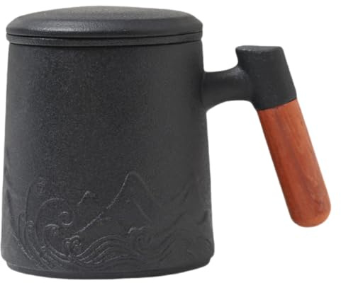 Healifty Tasse en Céramique 400 Ml avec Anse en Bois Mug à Thé avec Infuseur Intégré et Couvercle Mug à Café au Lait Noir pour Bureau et Maison Service à Thé Pratique et Élégant
