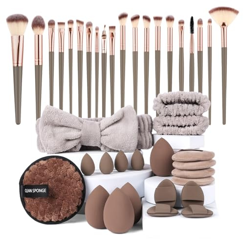 Vicloon Set de Brochas de Maquillaje, 40 Piezas Juego de Pinceles de Maquillaje Profesional con Beauty Blender, Soplos de Polvo, Diadema, Brochas de Primera Calidad Set para Fundación Corrector Marrón