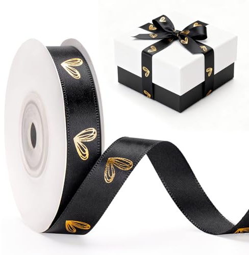 G2PLUS 13mm Schwarz Satinband mit Goldfolie Herz: Dekoration Geschenkband, 18m Schleifenband zum Bastel, Dekoband für Valentinstag und Hochzeiten Geschenkverpackung, Dekoration