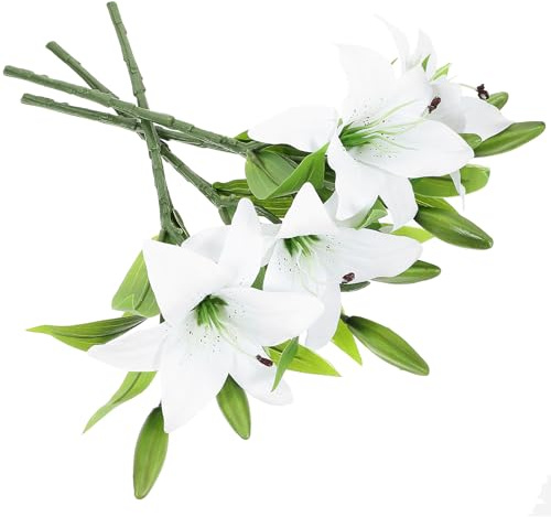 PAMINGONO Ramo de 4 Lirios Artificiales Realistas Blancos Flores de Lirio Decorativas para Bodas sin Mantenimiento Reutilizables Adecuado para Decoración de Hogar Mesa y Fiesta