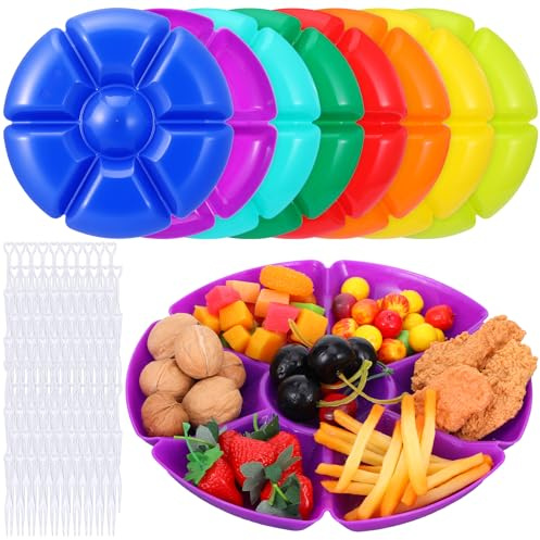 Kegeeei 8-Pack Plastic Divided Serving Trays with 100 Forks, 7-Compartment Round Chip & Dip Plates, 10.4 Snack Platters for Party, Candy, Nuts, Fruits (8 Vibrant Colors)