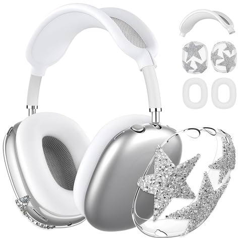 Muorruo 3-in-1 Glitter Protective Case for AirPod Max, Clear TPU Cover with Sparkling Rhinestones and Stars, Protective Ear Cushion Covers and Silicone Headband Cover