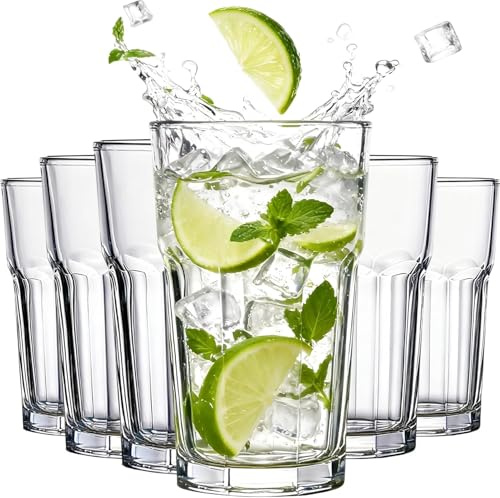 Water Glasses Set of 6, 315 ML Solid Tall Pint Glasses for Highball, Perfect for Water Juice Cocktails Milkshakes Soda and More Durable Thick Bottom Glassware for Home and Bar