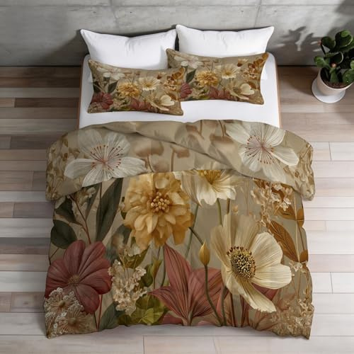 Barntäcke, 200 x 200 cm, beige blomma för flicka pojke - sängkläder för 1 person, lätt och mjukt - täcke för alla årstider, vintage växt och blad med 2 örngott