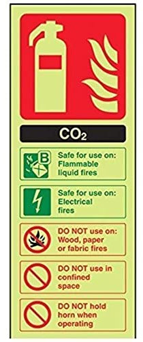 V Safety 11004AC-G Glow In The Dark Co2 Id Fire Extinguisher Sign - 75mm x 200mm - Rigid Plastic, Black/Green/Red