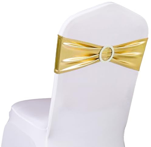 SINSSOWL Pack of 50 Spandex Bronzing Gold Chair Sashes for Wedding - Metal Gold Chair Bows Bands Fitting Birthday Party Anniversary Bridal Shower Event Decorations