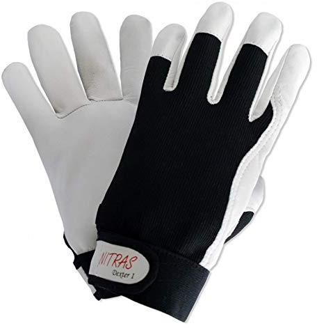 NITRAS 60 Paar Dexter 1 Mechanikerhandschuhe 8905 - Nappaleder - schwarz-weiß, ungefüttert, atmungsaktiv, mit Klettverschluss, Größe:10