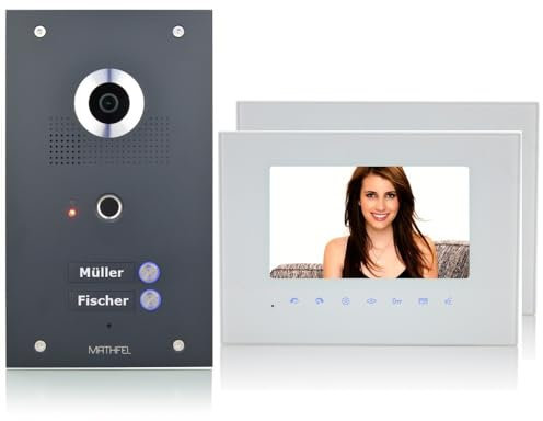 MATHFEL 2-Draht Bus Video Fingerprint Türsprechanlage, 2 Familienhaus Set, 7'' Monitor, Anthrazit, 2x7'' Monitor