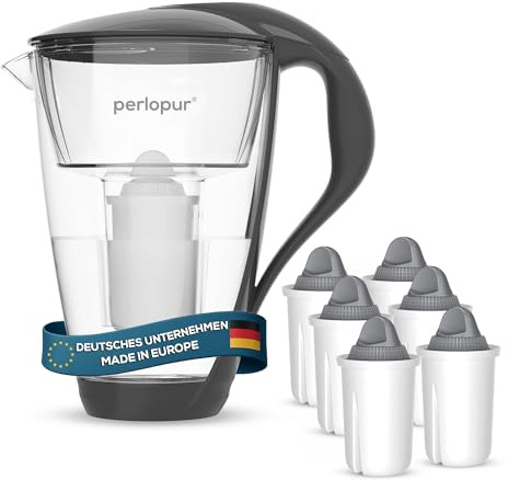 perlopur® Glas-Wasserfilter (anthrazit) +6 Filterkartuschen Protect+ | Borosilikatglas, 2 l gesamt, 1 l gefiltert, LED-Anzeige, für classic Kartuschen, für sehr hartes Wasser, starke Entkalkung