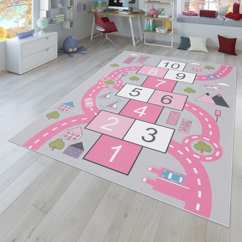 TT Home Kinder-Teppich, Spielteppich Für Kinderzimmer Straßen-Look, Hüpfkästchen, Rosa, Größe:Ø 200 cm Quadrat