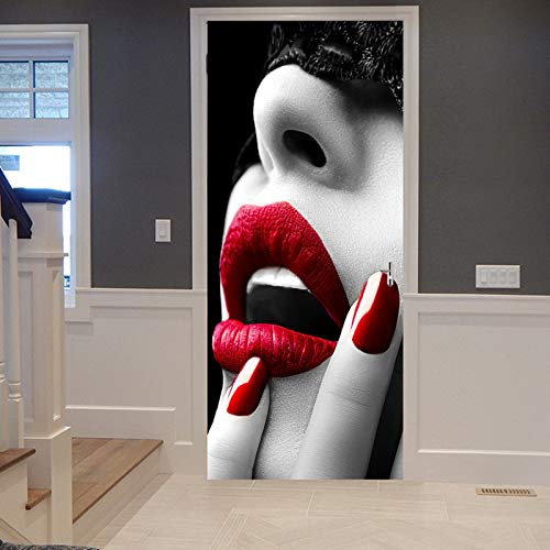 A.Monamour Türtapete Selbstklebend Türfolie Türposter 3D Frau Schwarzer Spitze Über Den Augen Rote Nägel Sexy Lippen Offener Mund Vinyl Folie Türdeko Tapete Wandbild Türaufkleber Türtattoo 77 x 200 cm