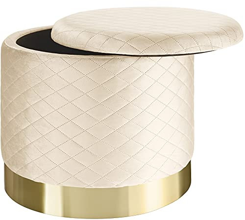 tectake® Sitzhocker mit Stauraum, Samt Sitzbox, Hocker rund, Pouf, Sitzpouf, Aufbewahrungsbox mit Deckel, als Schminktisch Stuhl, Zimmer Deko, für Sessel Wohnzimmer oder Flurgarderobe - Creme