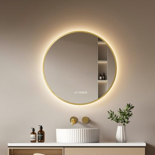 EMKE LED Badspiegel Rund 70cm, Goldrahmen, 3 Lichtfarben | Runder Spiegel mit Beleuchtung, Badezimmerspiegel mit Touch, Antibeschlag, Dimmbar, Uhr, Temperatur, Memory-Funktion,