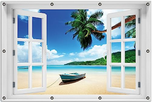 Wallario Outdoor-Poster für Garten oder Balkon Urlaub am Palmenstrand unter Palmen mit Fischerboot, Motivbanner Größe: ca. 100 x 150 cm mit Fenster-Illusion