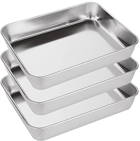 JMIATRY Deep Oven Baking Tray Set of 3, Rectangle Cake Tins for Baking, Stainless Steel Baking Sheet Pans for Cake, Brownie, Lasagna, Casserole, Brushed Finished and Dishwasher Safe, 26.6x20.2x5cm