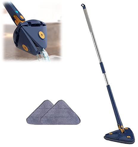 PWRF Trapeador de limpieza ajustable giratorio de 360°, trapeador de limpieza triangular ajustable giratorio de 360 grados, fregona triangular extensible con 2 cabezales de fregona reemplazables (azul