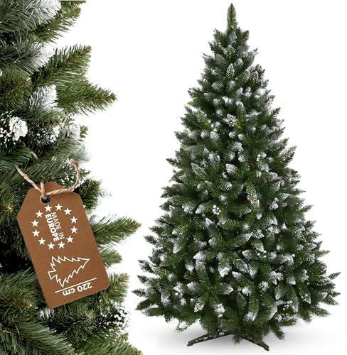 KADAX künstlicher Weihnachtsbaum mit silbernen Kügelchen und Raureif, 220cm Tannenbaum aus PVC, grün Christbaum mit 535 Zweigen, Kunststoffständer, Ø ca. 120cm (Premium Schneeflocke 220cm)