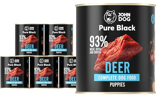 JOHN DOG Hundenassfutter Pure Black Hirsch - Premium Getreidefreies Nassfutter mit 93% Fleisch - Monoprotein Hundefutter für Welpen 6 x 800g