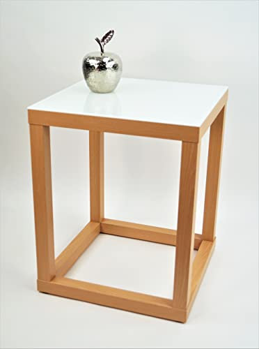 freeroom24, Beistelltisch, Wohnzimmertisch, Couchtisch, Coffee Table, Kleiner Kaffeetisch, Blumenhocker, Blumensäule, Cube, Holzoptik Buche Nachbildung, Glas weiß, 50 x 50 x 60cm, Made in Germany