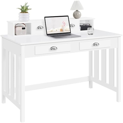Yaheetech Scrivania Computer in Legno MDF Desktop Tavolo Computer con 4 Cassetti e Mensola Rimovibile Scrivania Studio per Armadietto Parrucchiere Camera da Letto 106 × 53 × 90 cm Bianco
