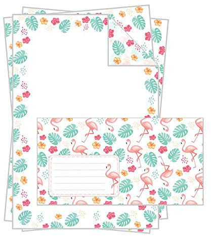 Verkiss. Briefpapier Motivpapier Designpapier Urkundenpapier Set mit Umschlag Erwachsene Kinder Mädchen 20 Blatt DIN A4 Naturpapier 120g/m² +20 Briefumschläge DIN (Flamingo20)