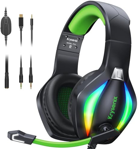 Krysenix PG1 Casque Gaming pour PS4, PS5, PC, Xbox, Nintendo Switch, Casque Gamer avec Son Microphone Stéréo AI, Casque avec Prise Jack 3,5 mm et lumière RVB, Noir/Vert