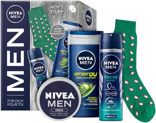 NIVEA MEN Mens Stuff Set Regalo Cura Idratante Confezione Regalo con Nivea Men Energy Gel Doccia Fresh Ocean Deo Spray Nivea Men Crema e Calzini