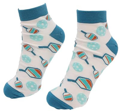 Pavilion Gift Company Pavilion - Pickleball Patterned Crazy Fun Unisex Ankle Sock Novelty Sport, White, Blue, Teal, Orange, Medium-Large