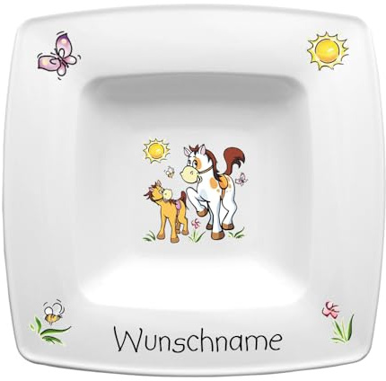 Doriantrade Suppenteller eckig 22cm Kinderteller Teller Porzellan Pferde personalisierbar mit Wunschname Name Kindergeschirr mit Namen personalisiert