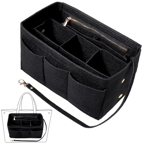 Organizador de Bolso de Fieltro, Bolso Interior Organizador con Varios Compartimentos y Cremallera, Inserciones de Bolsos, Organizador Bolso para IPad, Cosméticos, Paraguas, Llaves (L, Negro)