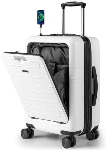 COSTWAY 20” Handgepäck mit Laptopfach, 40L Reisekoffer erweiterbar, Hartschalenkoffer mit Vordertasche, USB & Spinnerrädern, PC-Handgepäck Trolley mit TSA-Schloss für Geschäftsreisen (Weiß)
