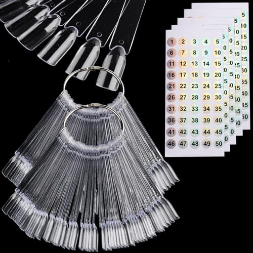 Fcozpjk 100PCS Nail Color Swatch Sticks with Number Stickers, Clear Square Nail Sample Sticks, Nail Art Display, Fan Shaped Practice Nail Tips with Ring, Nail Polish Color Chart, Nail Salon Supplies