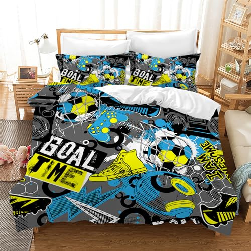 Leleyouzer Housse de Couette Football 135×200 cm,Literie pour Enfants,Housse de Couette Imprimée Football 3D + 2 Taies d'oreiller 50 x 75 cm(Football 2)