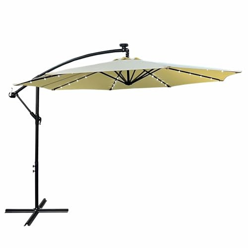 AKORD Sonnenschirm mit Kurbel Achteckig LED MILIN | 300x300x245 cm Ampelschirm | Neigungswinkel und Höhe Verstellbar | Kurbelschirm Marktschirm Wasserdicht | Gartenschirm UV-Schutz | Beige
