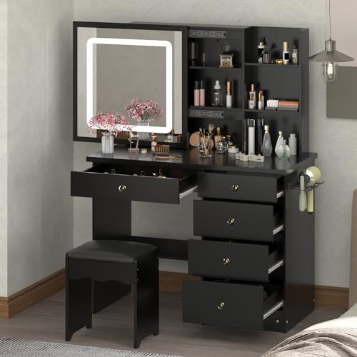 Große Schminktisch mit Beleuchtung,Spiegel und Hocker Schminktische mit Regale und Halterungen,Frisiertisch Kosmetiktisch mit 5 Schubladen , Kommode Schlafzimmer Schwarz, 100 x 136 x 50 cm, MDF