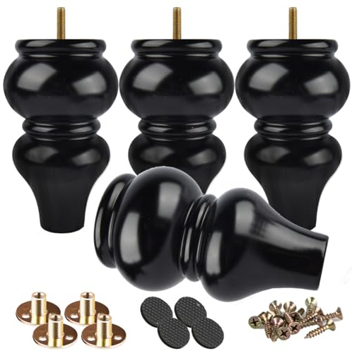 Btowin 8 inch Solid Wood Turned Furniture Legs 4Pcs with M8 Bolts, Black | Classic Design with Extra Wide Base Supports 400lbs. Hardware Included for Easy DIY Install on Sofas, Cabinets and dressers