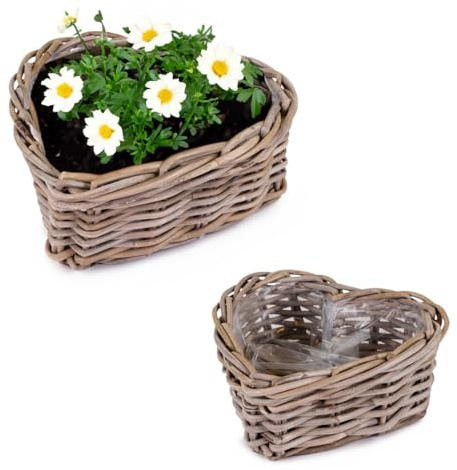 Pflanzkübel Premium Kubu Rattan-Körbe als Pflanzherzen Pflanztöpfe für außen - 2x Herz Pflanzkästen als wetterfeste Blumentöpfe in 23, 30 cm - Pflanzkörbe als Blumen-Korb, Pflanzen-Topf