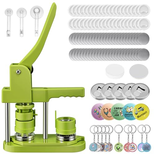 Buttonmaschine Button Badge Maker 25+32+58 mm, VIHBRAI 300 Kunststoff Pin Back Button Sets, Badge Press Machine mit 10 Flaschenöffner, 10 Schlüsselanhänger, Formen & Rundpapierschneider