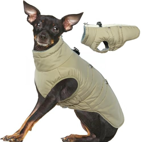 Katzinst Hunde Mantel Kleine Hunde, Hundejacke mit Durch Rutschfester, Reißverschluss Fleecefutter, Ärmellose, D-Ring, Warm Hundemantel mit Geschirr, Chihuahua Mantel, Aprikose, XS
