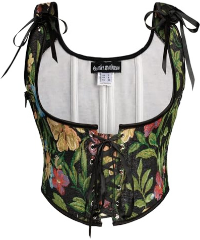 SCARLET DARKNESS Korsett dam, med snörning framtill, renässanskorsett för kvinnor, bustier, blommig korsettväst, Svartgröna blad, 42