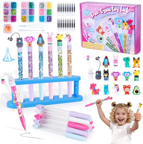 FGZU Atelier de Stylos Bricolage Enfant, idée Cadeau Fille 4 6 8 Ans,Activites Manuelles pour Enfants 5 7 9 10 Ans,Set de Stylo Personnalisés DIY avec 55+ Accessoires,Cadeau Anniversaire Fille Garcon