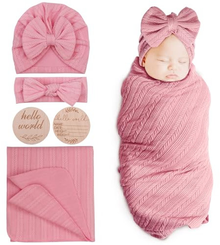 DRESHOW Coperta di Ricezione Neonato Toddler Caldo per Ragazze con Abbinato Cappello e Fascia Fiocco con Biglietto di Annuncio Della Nascita