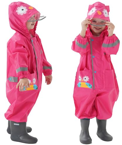 Vckrio Bambini Tuta da Pioggia Impermeabile Ragazze Rosso Rosa Gufo Modello Giacca Antipioggia con Strisce Riflettenti Portatile Tutina Pioggia Impermeabile Un Pezzo con Cappello per Bambina 1-2 Anni