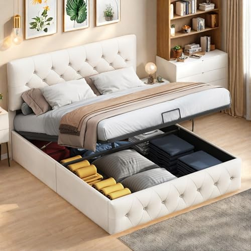 Doppelbett Polsterbett 160x200 mit Bettkasten, Boxspringbett Bett mit Stauraum und Lattenrost, Hydraulisches Stauraumbett mit höhenverstellbarem Kopfteil, Jugendbett Funktionsbett, Aprikosenfarbe