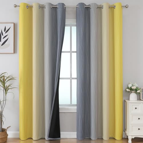 VEHEDE Ombre Blackout Curtains for Kids Bedroom 90 Inch Drop, Thermal Insulated Noise Reducing Gradient Drapes for Living Room, W52 x L90 Inch, Yellow and Grey, 2 Panels