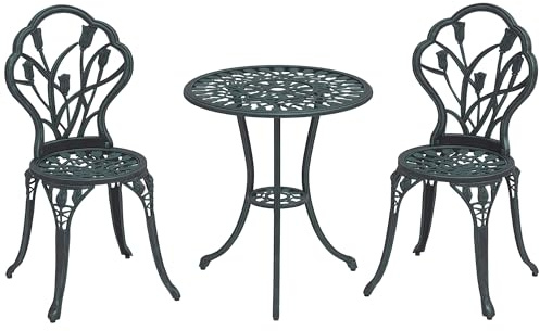 Outsunny Set Gartenmöbel 2-Sitzer 2 Stühle + Runder Tisch Aluminiumguss Schmiedeeisenimitat Grün