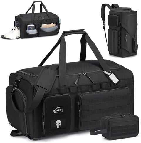 BAGZY 3 I 1 Sportväska Herr Stor Taktisk Reseväska 55L Med Skoravdelning Vattentät Arbetsväska Herr Ryggsäck För Gym Fitness Weekender Simning Yoga Resa Camping Dam Svart