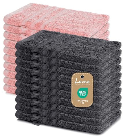 Lavea Serie Elena - Manoplas de baño Premium de 100% algodón, Alta absorción, Tacto Suave, Secado rápido, Resistente, Ideal para baño, SPA y hogar, tamaño 15 x 21 cm - Antracita y Rosa Pastel